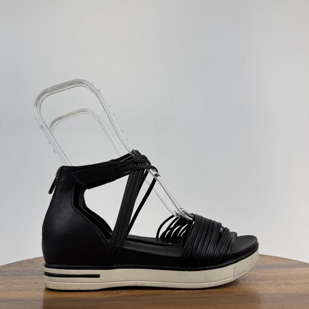 Womens Eileen Fisher Shea Black Leather Crisscross Platform Sandals Size 7.5 M